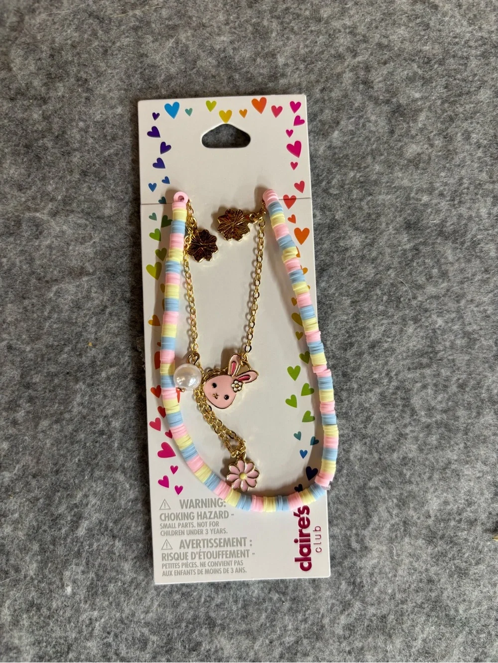Claire's Pastel Bead Necklace and Bunny Charm Set - Pink, Blue, Yellow